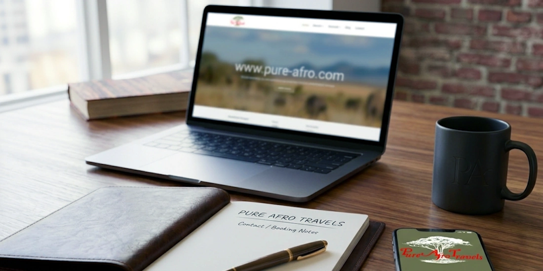 Notebook, phone and coffee ready for planning your Tanzania travel enquiry with Pure Afro Travels