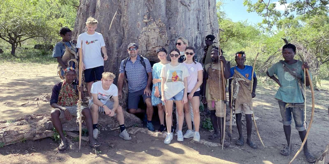 Guests with Haadzabe bushmen, Lake Eyasi