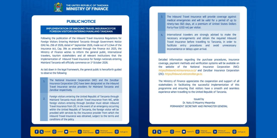 Public Notice by the Tanzanian Ministry of Finance about the Inbound Mandatory Travel Insurance for Tanzania, effective 1st October 2026